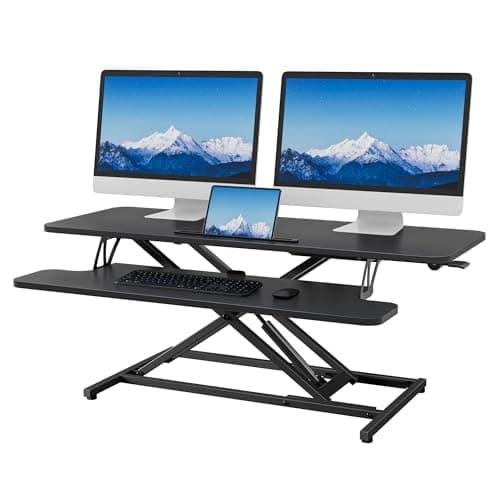 Image of ERGOMAKER Standing Desk Converter, 106cm/42’’ Height Adjustable Desk Riser with Wide Keyboard Tray, Sit to Stand Desk Riser for Dual Monitors, Black