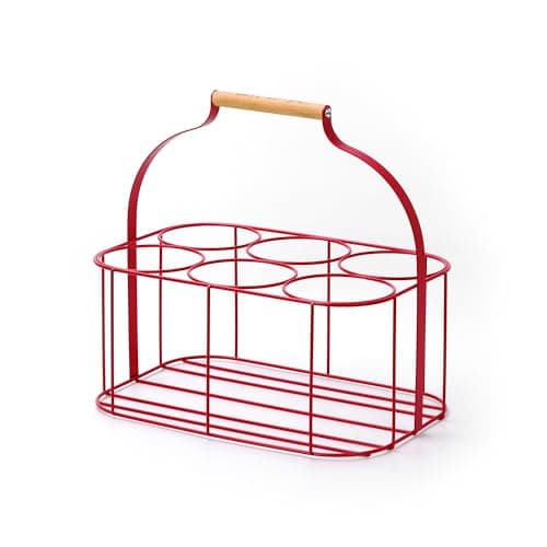 Image of simpa Colour Wire Metal Wine Beer Milk Beverage 6 Bottle Carrier Holder Caddy with Handle - Matt Red