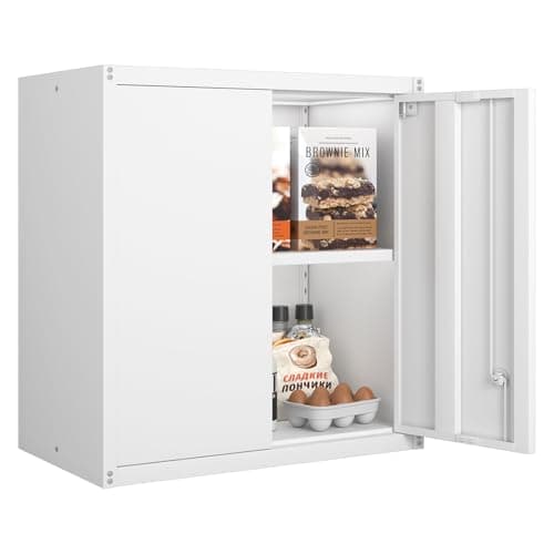 Image of GREATMEET Metal Wall Cabinet, Wall Mounted Storage Cabinet with Lock for Garage Storage, Floating Cabinets with Doors and Adjustable Shelf for Utility Room, White