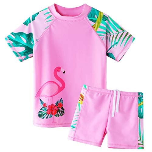 Image of ZNYUNE Girls 2PCS Swimsuit Short Sleeve Kids BeachSwimming Set Costume for 3-12Years S324 Flamingo 6A