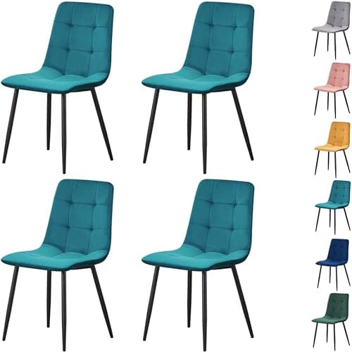 Image of MOF Dining Chairs Set of 4, Velvet Dining Chair with Padded Seat and Backrest, Sturdy Metal Legs - Accent Chair for Kitchen, Dining Room, Lving Room or Home Office (Teal Check x 4 Chairs)