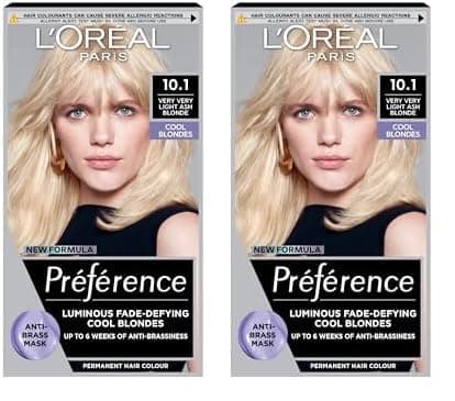 Image of L'Oreal Paris Preference Hair Dye, Long Lasting, Luminous Permanent Hair Colour, 10.1 Very very light ash blonde (Pack of 2)