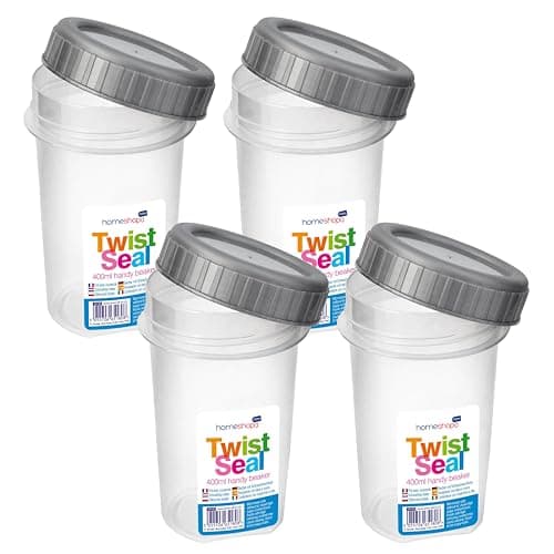 Image of HOMESHOPA Clear Plastic Screw Top Beaker Cups, 4 Pack Airtight Liquid Storage Reusable Leakproof Containers with Twist Lock Lid, 400ml Freezer Microwave Dishwasher Safe