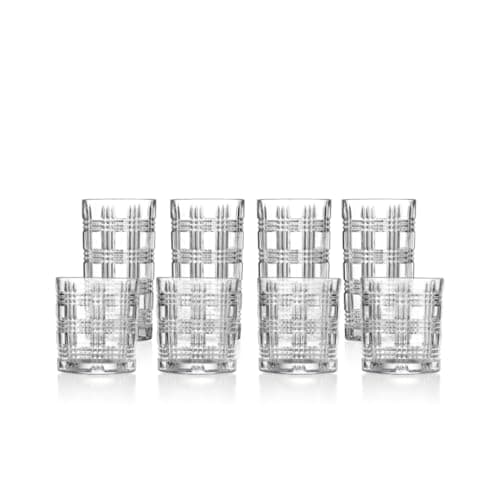 Image of klink LONDON Fulham Crystal Glass Set – 8 Piece Lead-Free Crystal Drinking Glasses, 4 Tumblers & 4 Highballs, Linear Cut Modern Cocktail Whisky Water Glasses, Dishwasher Safe