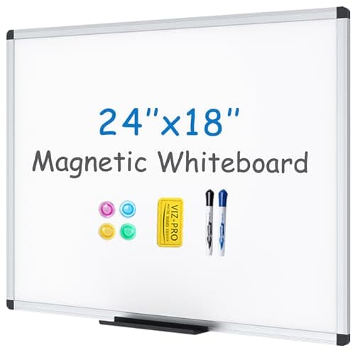 Image of VIZ-PRO Small Magnetic Whiteboard for Wall 60 x 45 cm, Dry Erase White Board with 2 Markers, Pen Tray & Silver Aluminium Frame, Writing Board for School Office Home