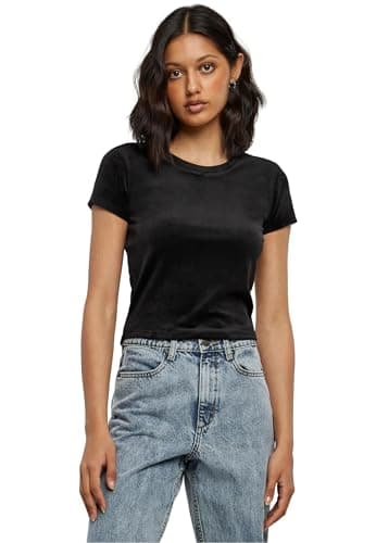 Image of Urban Classics Women's Ladies Short Velvet Tee T-Shirt, Black,