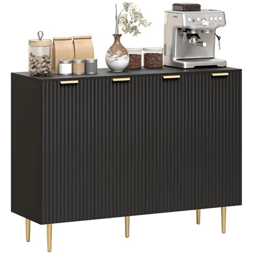 Image of HOMCOM Sideboard Buffet Cabinet, Modern Kitchen Storage Cabinet with 4 Doors and Adjustable Shelves, Living Room Cabinet with Metal Legs for Hallway, Black