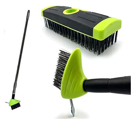 Image of Weed Remover Tool Wire Brush Scraper Set Broom Twin Heads Set 3 in 1 Extendable Telescopic Handle Paving Garden Patio Cleaner Remove Weed & Moss from Block Path Patio and Driveway (Green/Black)