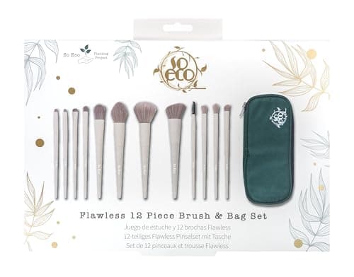 Image of So Eco Flawless 12-Piece Brush & Bag Set – Vegan & Cruelty-Free Makeup Brush Set with Travel Bag, Birchwood Brushes for Face & Eyes, Brows & Lips