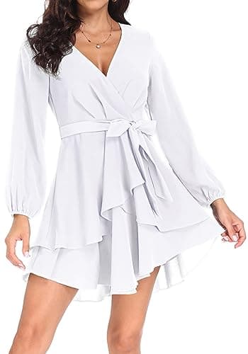 Image of PCEAIIH Women's Cocktail Dresses Long Sleeve Empire Skater Dress Deep V-Neck Waist Tie Ruffle Mini Swing Dresses S White