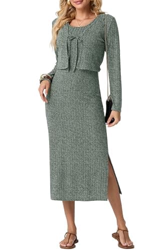 Image of GRECERELLE Womens Dress Cardigan Set 2 Piece Outfit Ribbed Knit : Long Sleeve Midi Spaghetti Strap Dresses with Side Slit & Cropped Tie Front Long Sleeve Cardigan Shrugs Tops (Blue Green, L)