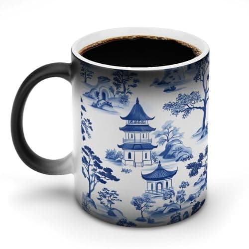 Image of Jubonexis Blue White Porcelain Chinese Landscape Color Changing Mugs Heat Changing Ceramic Coffee Mug Novelty Funny Tea Water Cup 11OZ