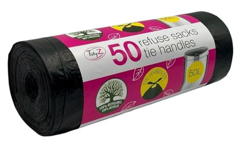 Image of 50 TidyZ Heavy-Duty Black Bin Bags. Made from 100% Recycled Plastic. Extra Strong Refuse Sacks with Tie Handles. 50L. For Kitchen, Office and General Household Waste