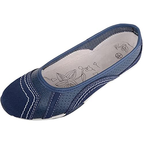 Image of Womens Genuine Leather Slip On Casual Ballerina Style Pump Dolly Shoes - Navy - UK 6 / EU 39