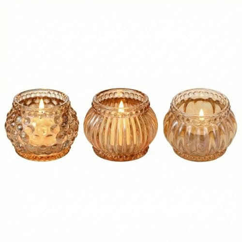 Image of Olrla Amber Glass Tealight Holders, Set of 3 Shapes (6.5 x 5 x 4 cm) – Small Pumpkin & Lantern Style Candle Holders, Elegant Home Decor, Festive Table Centrepiece