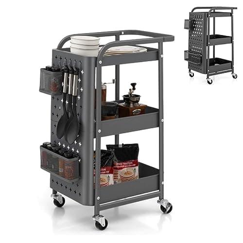 Image of GiantexUK 3-Tier Storage Cart on Wheels, Metal Serving Trolley with Pegboards, Handle, Storage Basket & Removable Hooks, Rolling Utility Shelving Organizer Cart for Kitchen Office Living Room (Grey)
