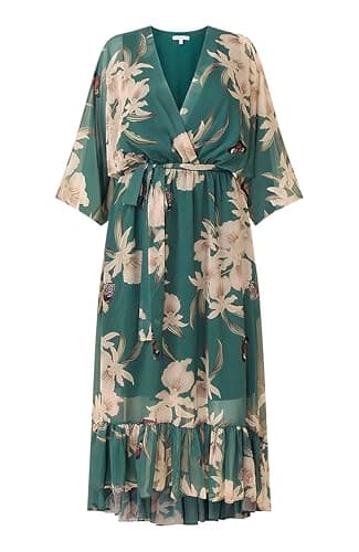 Image of Yumi Green Floral Kimono Sleeves Dip Hem Wrap Midi Dress (UK, Numeric, 22, Regular, Regular, Grenn)