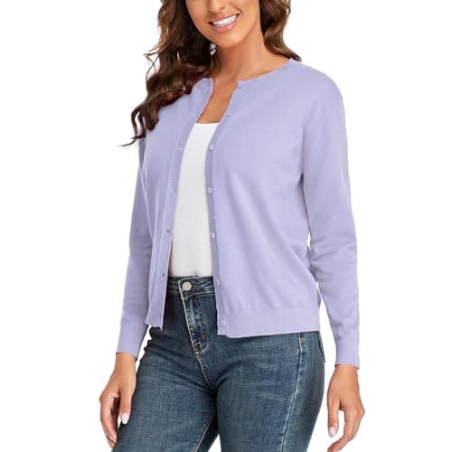 Image of CUNYI Women’s Cardigan Long Sleeve Sweater Lightweight Classic Crew Neck Ladies Coat with Buttons Casual Open Front Elegant Outerwear, Light Purple L