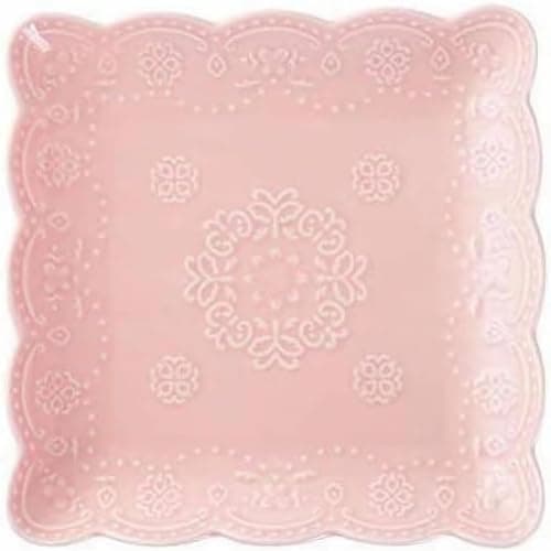 Image of YBK Tech Elegant Square Embossed Lace Plate, Ceramic Serving Plate for Breakfast Afternoon Tea (Pink, 6-inch)