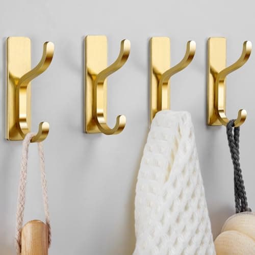 Image of pickpiff Gold Self Adhesive Hooks for Hanging - Heavy Duty Stick On (Holds 6KG), Wall Door Hooks for Towel, Coats, Bags, Purse, Keys - for Bathroom, Kitchen - Stainless, Metal, 4 Pack