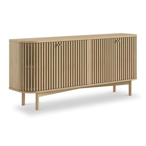 Image of RoselandFurniture Finch Slatted Oak Large 4 Door Sideboard for Living Room | Scandi Meets Mid Century Modern Ribbed Wide Wooden Cabinet for Dining Room or Hallway Storage | (H) 70cm (W) 157.5cm
