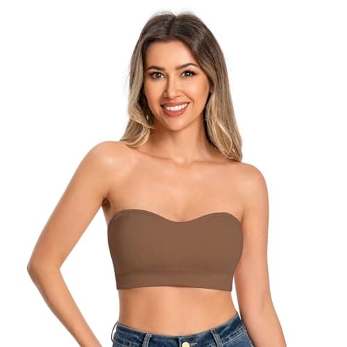 Image of ANGOOL Bandeau Bra Women Padded Strapless Seamless Bra Tube Tops Invisible Bralettes with Convertible Straps,Brown,S