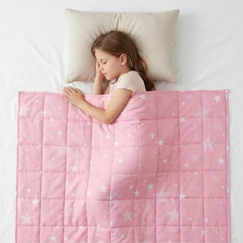 Image of Star Theme Weighted Blanket, Fluffy Quilted Pockets Throw with Non-Toxic Glass Beads, Therapy Anxiety Relief Insomnia Autism, Soft and Cozy Pink Star Throw Blanket, 100 x 150cm - 3kg