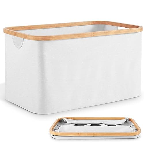 Image of DOKRVLOQ Collapsible Laundry Washing Baskets White Bamboo Cloth Fabric 50l Large Foldable Wash Clothes Storage Ironing Basket Folding Space Saving Laundry Hamper