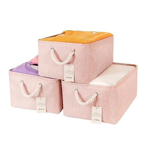 Image of JUNLAI 3 Pcs Storage Baskets with Handles, Foldable Small Pink Storage Boxes, Fabric Wardrobe Storage Basket for Office & Home, Book, Clothes, Toys(Pink, Small)