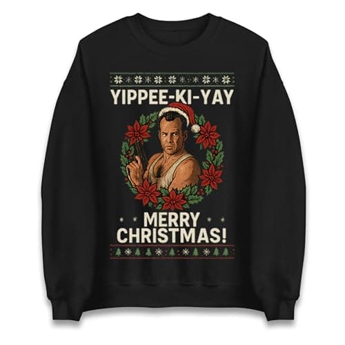 Image of Die Hard Yippee-Ki-Yay Christmas Jumper, Funny Action Movie Xmas Unisex Sweatshirt, Retro 80s Film Holiday Knit Black