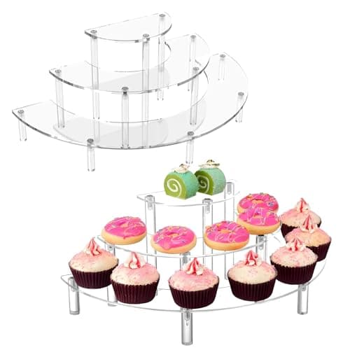 Image of TFLPUO 2PCS Acrylic Riser Display Stand, 3 Tiered Acrylic Display Stand Large Half Moon Tabletop Shelf Organiser Stands for Perfume Cupcake Figures Dessert