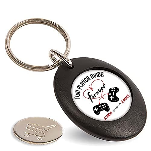 Image of Getagift Personalised Any Name Heart Controller Forever Two-Player Valentine Mode Gift for Gamer Geek Couple Video Gamers, Round Shape Photo Insert Keyring with Trolley Coin. (Black)