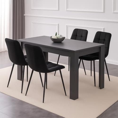 Image of KOSY KOALA Dining Table Set with 4 Chairs Dark Grey Dining Table with 4 Black Velvet Chairs Modern Dining Room Furniture 117 x 77 x 75 cm