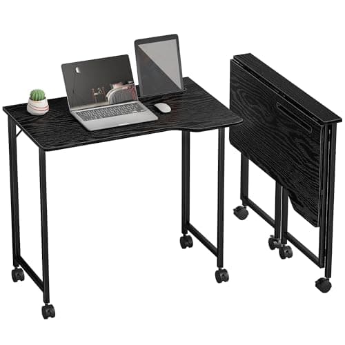 Image of HOMCOM Small Folding Desk, 80 cm Foldable Computer Desk on Wheels for Small Space, Space Saving Writing Table with Device Slot for Home Office, Bedroom, Easy Assembly, Black Wood Effect