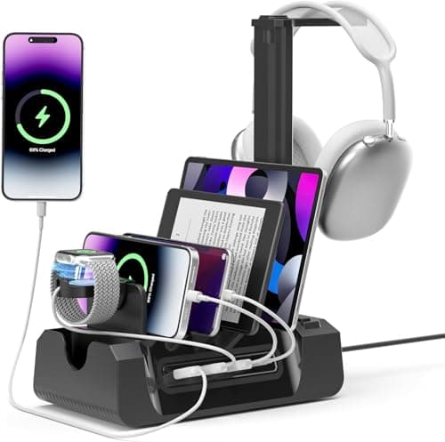 Image of KDD Charging Station for Multiple Devices,3 USB Ports 2AC Outlets Charging Dock with Headphone Stand and i-Watch Holder,6 in 1 Storage for Cell Phone/Samsung/Google/Tablets/USB Devices