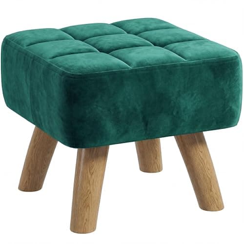 Image of HOMCOM Modern Tufted Footstool, Velvet Fabric Foot Stool with Rubber Wood Legs, Padded Seat, for Living Room, Bedroom, Entryway, Dark Green