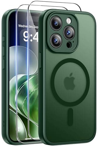 Image of Qasyfanc Magnetic for iPhone 15 Pro Max Case with 2 Tempered Glass Screen Protector, Compatible with MagSafe, Full Camera Protection, Shockproof Translucent Matte Phone Case, Dark green