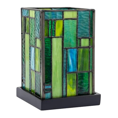 Image of Happy Homewares Designer Art Deco Tiffany Glass Table Lamp in Light and Dark Green | 20cm x 13cm | Matte Black Resin Base with Inline Switch