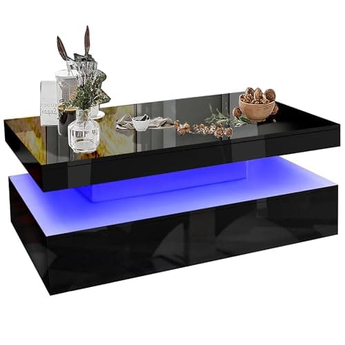 Image of High Gloss Coffee Table, Coffee Table with Storage with LED RGB Lights 2 Drawer Storage Rectangle Centre Tea Table for Home Office Furniture, 47D x 94W x 38H cm