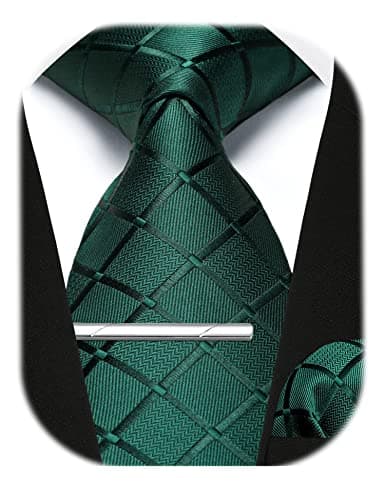 Image of Enlision Tie Men Green Ties and Pocket Square Set Plaid Check Ties For Men With Tie Clip Business Formal Wedding Necktie Handkerchief Tie Pin Gift Sets,Green