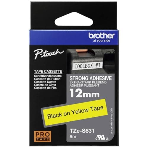 Image of Brother TZe-S631 - Extra strength adhesive - black on yellow - Roll (1.2 cm x 8 m) 1 cassette(s) laminated tape - for Brother PT-D210, D600, H110, P-Touch PT-1005, 1880, E800, H110, P-Touch Cube Plus PT-P710