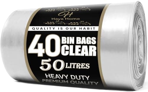 Image of Haya Home 50L litre 40 Large & Tough Clear Recycling Bags Transparent Recycling Bin Bags, Rubbish Bags and Refuse Sacks 120 Gauge Bin Liners Heavy Duty Bin Bags Large Waste Bags 100% Recycled Material