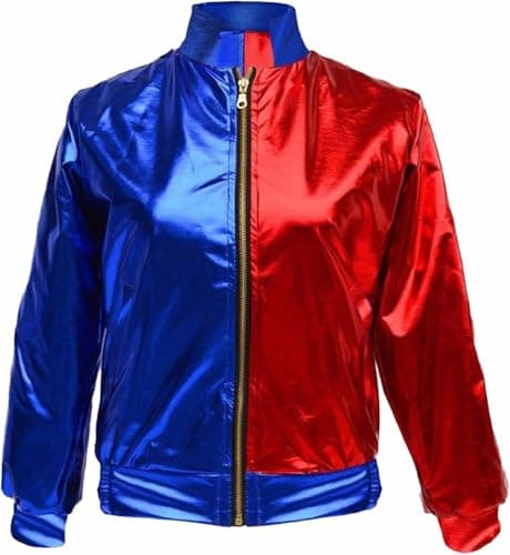 Image of GOSTYLES Womens Shiny Metallic Bomber Jacket Red & Blue – Lightweight Zip Up Party Coat for Halloween, Fancy Dress, Festival, Clubwear Outfit Small-Medium