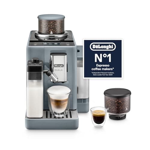 Image of Delonghi Rivelia EXAM440.55.G, Fully Automatic Coffee Machine with LatteCrema Hot, Automatic Milk Frother, Compact Size Bean to Cup Coffee Machine, 16 Recipes, Full Touch Colored Display, Pebble Grey