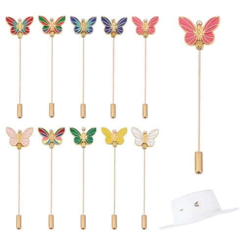 Image of BENECREAT 10Pcs Butterfly Enamel Hat Pin, 10 Colors Classic Vintage Hat Pin, Stick Pin for Tie Scarf Western Cowboy Hats DIY Decoration 7.5cm/3Imch