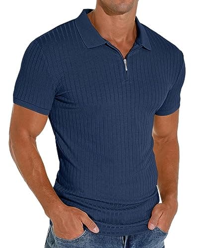 Image of PrinStory Men's Zip Polo Shirts Short Sleeve Adult Polo Shirts Slim Fit Casual Shirts Classic Stretch Polo T Shirt Golf Shirts (Blue, M)