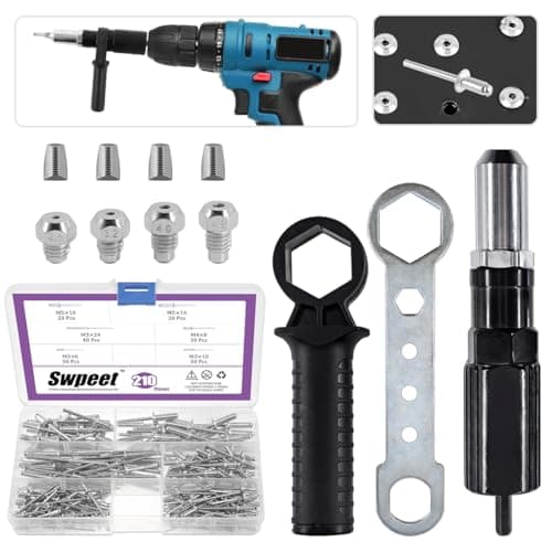 Image of Swpeet 211Pcs Black Alloy Steel Electric Rivet Gun Adapter Kit, Including 2.4/3.2/4.0/4.8mm Diameter Rivet Head and Handle Wrench with 500Pcs Aluminum Blind Rivet Kit