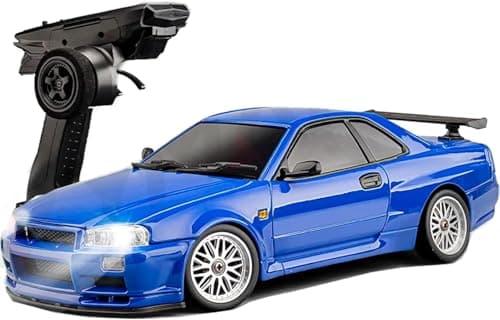 Image of ARRIS LD1899 1:18 Scale RC Drift Car, GTR R34 2.4GHz RWD Mini Model Vehicle with Gyro, Alloy Body Shell Racing Cars for Adults Toys (Blue)