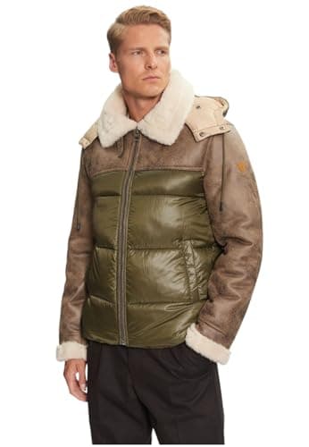 Image of GUESS Men's Hybrid Puffa Jacket, Brown Green Blocking, L