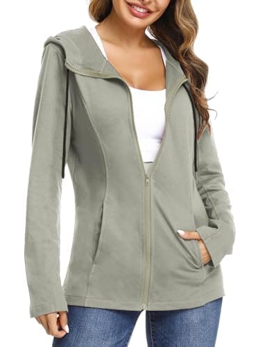 Image of Aottori Grey Zip Up Hoodie Women Ladies Long Sleeve Hoodies Basic Zipper Hooded Sweatshirts Lightweight Sports Running Jacket with Pocket Grey L